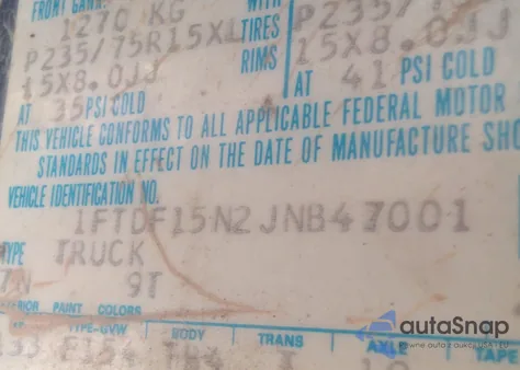 1988 Ford F150 z USA, uszkodzony, nr VIN 1FTDF15N2JNB47001